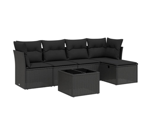 Set de sofás de jardín 6 piezas y cojines ratán sintético negro
