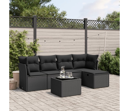 Set de sofás de jardín 6 piezas y cojines ratán sintético negro
