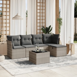 Set de sofás de jardín 6 pzas y cojines ratán sintético gris