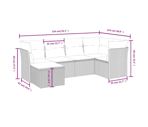 Set de muebles de jardín 6 pzas y cojines ratán sintético gris