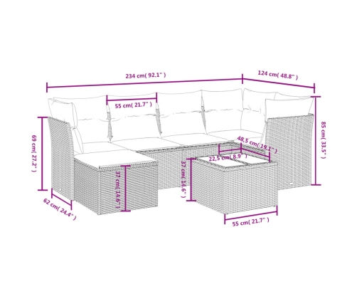 Set de comedor de jardín 7 pzas y cojines ratán sintético negro