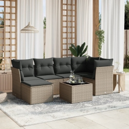 Set de sofás de jardín 7 pzas con cojines ratán PE gris claro