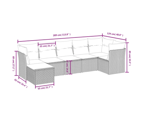 Set de comedor de jardín 7 pzas y cojines ratán sintético negro