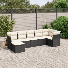 Set de comedor de jardín 7 pzas y cojines ratán sintético negro