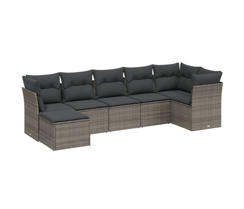 Set de sofás de jardín 7 piezas con cojines ratán PE gris