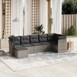 Set de sofás de jardín 7 piezas con cojines ratán PE gris
