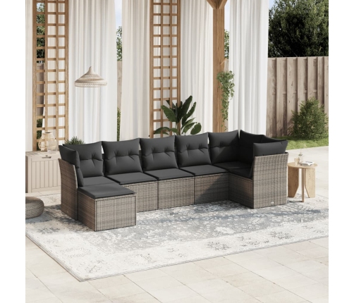 Set de sofás de jardín 7 piezas con cojines ratán PE gris