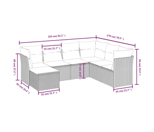 Set de comedor de jardín 7 pzas y cojines ratán sintético negro