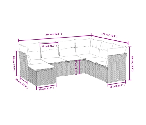 Set de comedor de jardín 7 pzas y cojines ratán sintético negro