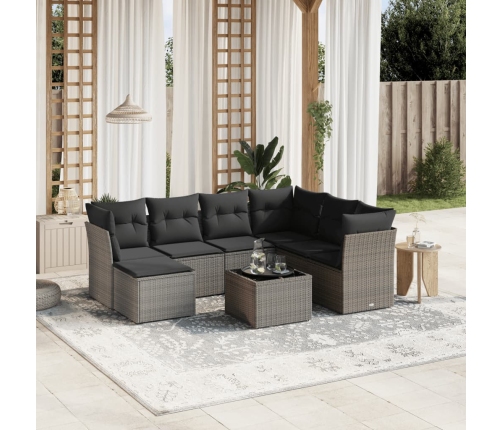 Set de sofás de jardín 8 pzas y cojines ratán sintético gris