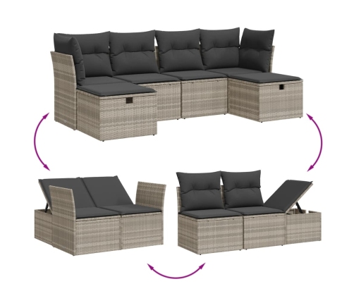 Set de sofás de jardín 6 pzas y cojines ratán sintético gris