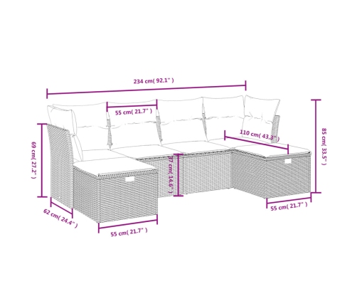 Set de sofás de jardín 6 pzas y cojines ratán sintético gris