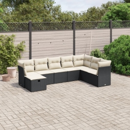 Set de sofás de jardín 8 piezas y cojines ratán sintético negro