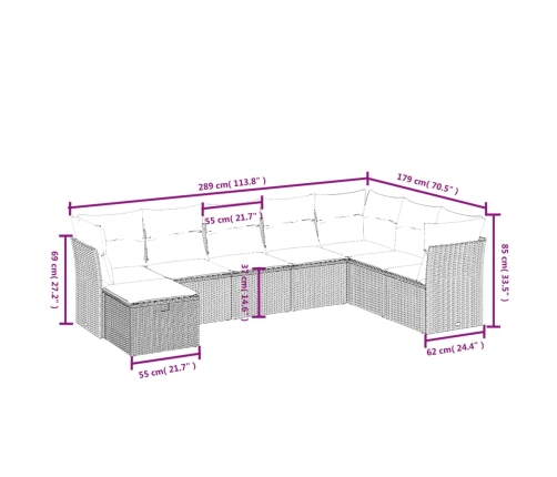 Set de sofás de jardín 8 pzas y cojines ratán sintético gris