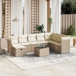 Set de sofás de jardín 9 pzas con cojines ratán sintético beige