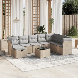 Juego de sofás jardín con cojines beige mezcla 9 pzas ratán PE