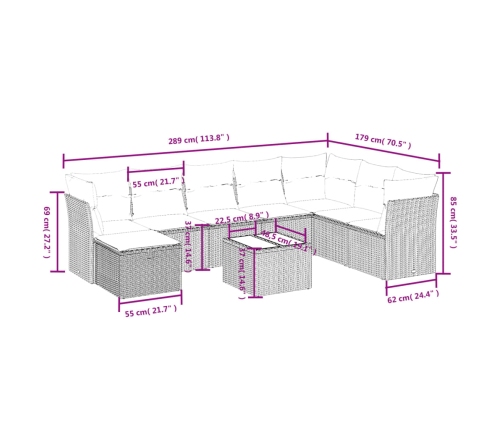 Set de muebles de jardín 9 pzas y cojines ratán sintético gris