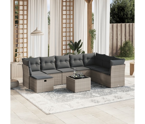 Set de muebles de jardín 9 pzas y cojines ratán sintético gris