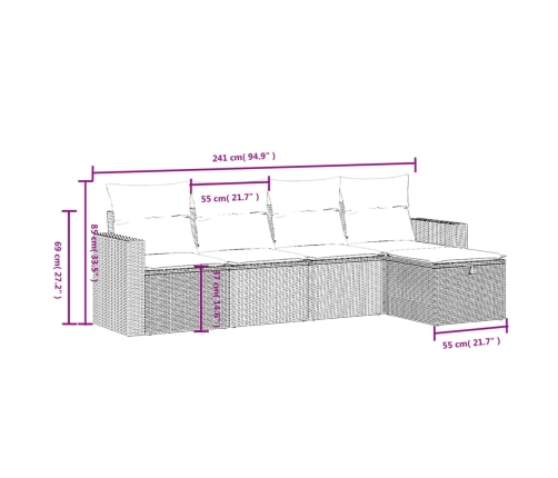 Set comedor de jardín 5 piezas y cojines ratán sintético marrón