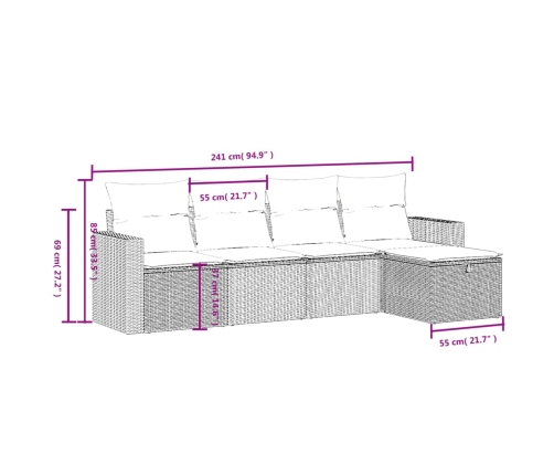 Set comedor de jardín 5 piezas y cojines ratán sintético marrón