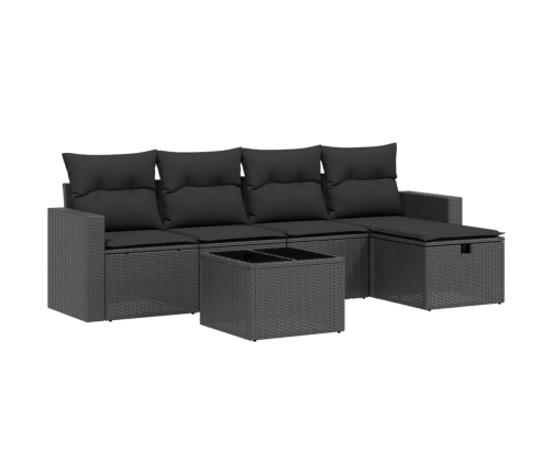Set de sofás de jardín 6 piezas y cojines ratán sintético negro