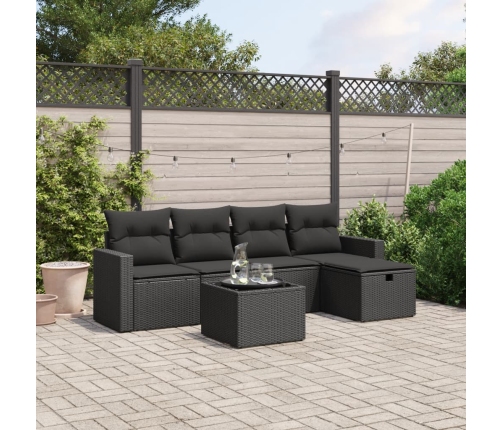 Set de sofás de jardín 6 piezas y cojines ratán sintético negro