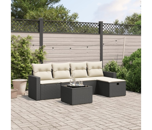 Set de sofás de jardín 6 piezas y cojines ratán sintético negro