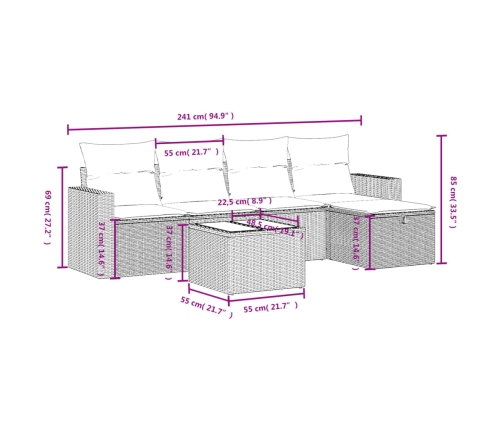 Set de sofás de jardín 6 pzas y cojines ratán sintético gris