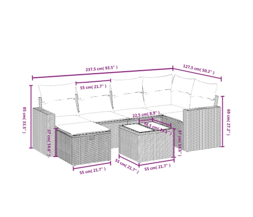 Set de comedor de jardín 7 pzas y cojines ratán sintético negro