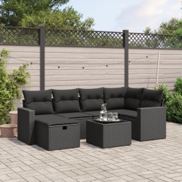 Set de comedor de jardín 7 pzas y cojines ratán sintético negro