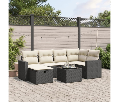 Set de comedor de jardín 7 pzas y cojines ratán sintético negro