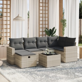 Set de sofás de jardín 7 pzas con cojines ratán PE gris claro