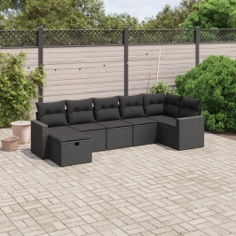 Set de comedor de jardín 7 pzas y cojines ratán sintético negro