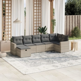 Set de sofás de jardín 7 pzas con cojines ratán PE gris claro