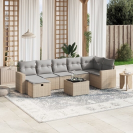 Juego de sofás jardín con cojines beige mezcla 8 pzas ratán PE