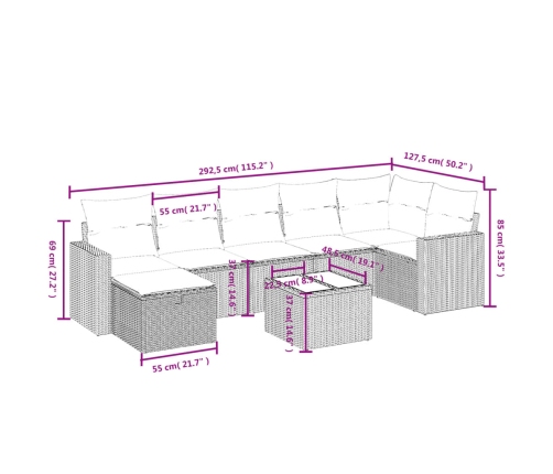 Set de sofás de jardín 8 pzas y cojines ratán sintético gris