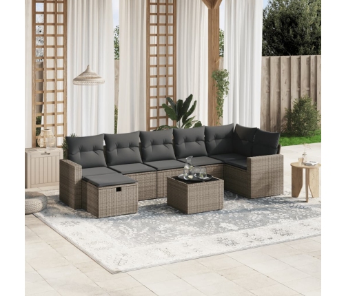 Set de sofás de jardín 8 pzas y cojines ratán sintético gris