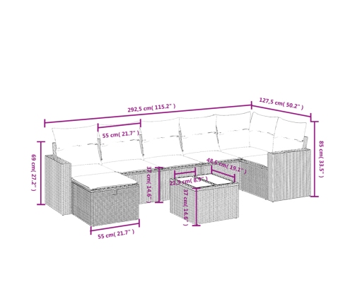 Set sofás de jardín 8 piezas y cojines ratán sintético marrón