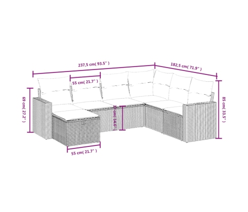 Set de comedor de jardín 7 pzas y cojines ratán sintético negro