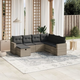 Set de sofás de jardín 7 pzas con cojines ratán PE gris claro