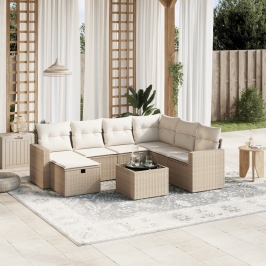 Juego de sofás de jardín con cojines beige 8 pzas ratán PE