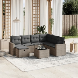 Set de sofás de jardín 8 pzas y cojines ratán sintético gris