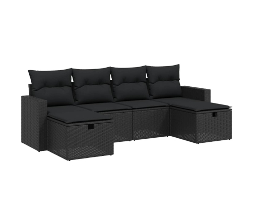 Set de sofás de jardín 6 piezas y cojines ratán sintético negro