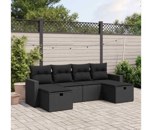Set de sofás de jardín 6 piezas y cojines ratán sintético negro