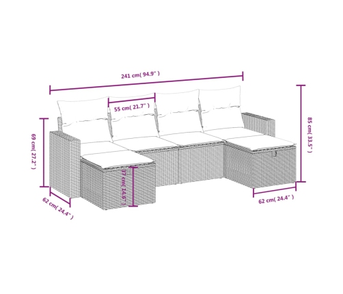 Set sofás de jardín 6 piezas y cojines ratán sintético marrón