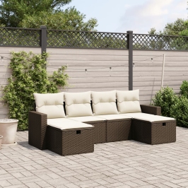 Set sofás de jardín 6 piezas y cojines ratán sintético marrón