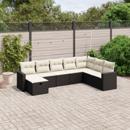Set de sofás de jardín 8 piezas y cojines ratán sintético negro