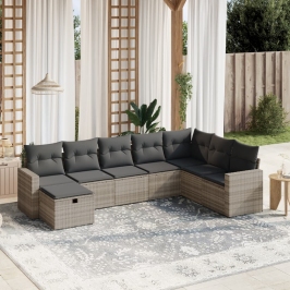 Set de sofás de jardín 8 pzas y cojines ratán sintético gris