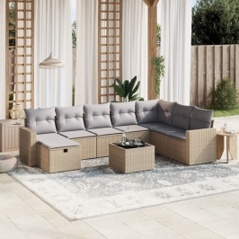 Juego de sofás jardín con cojines beige mezcla 9 pzas ratán PE