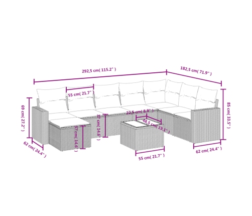 Set de muebles de jardín 9 pzas y cojines ratán sintético gris